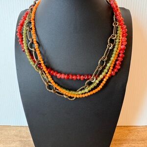 Premier Designs Sherbet Necklace Layered Multi-Strand Green Orange Red Brass
